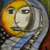 The Sun, the Moon, and on there being no abstracts in life. Pencil, ink, watercolor on 4"X5" canvas.2009